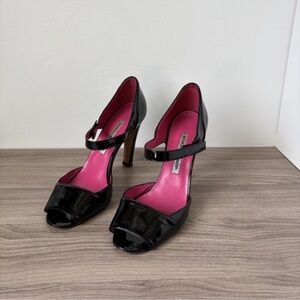 Manolo Blahnik Black Patent Heeled Mary Jane Sandals Sz 7.5 US *VINTAGE*♥️